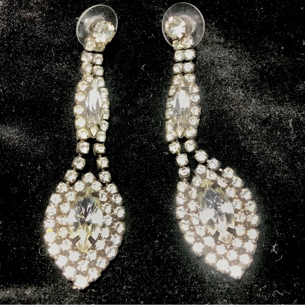 Vintage Silver and  Rhinestones Costume Earrings with Post and Backs (PIERCED) - Picture 3 of 3